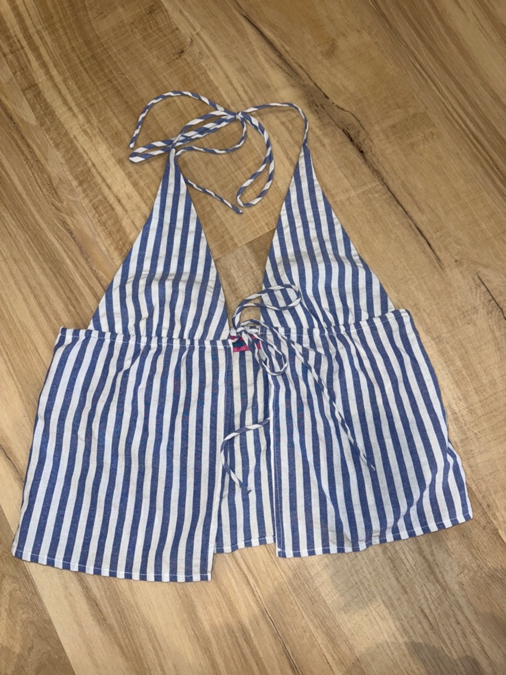EDIKTED-Blue and White Striped Halter Tie-Front Crop Top